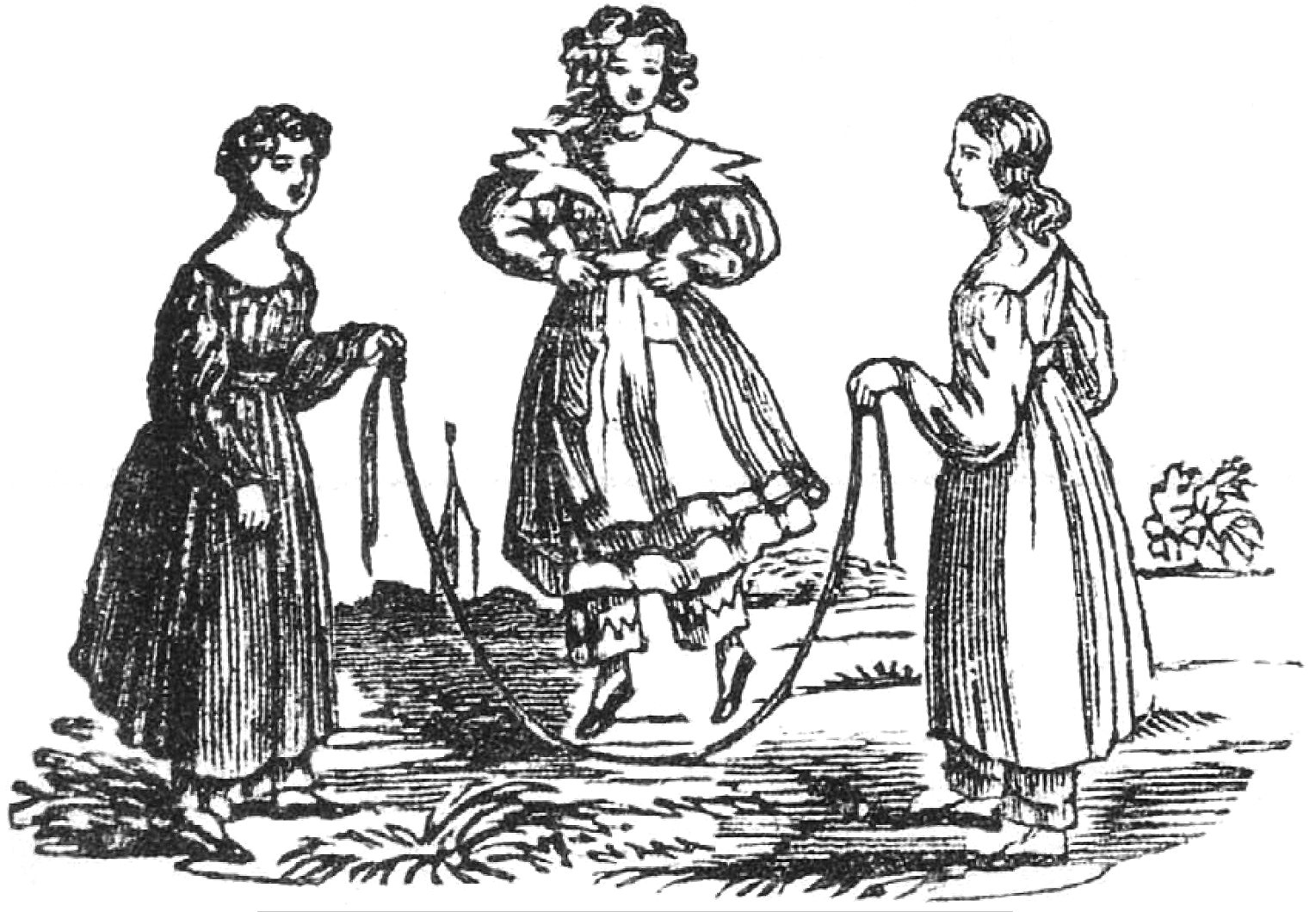 An 1843 woodcut of girls jumping rope.