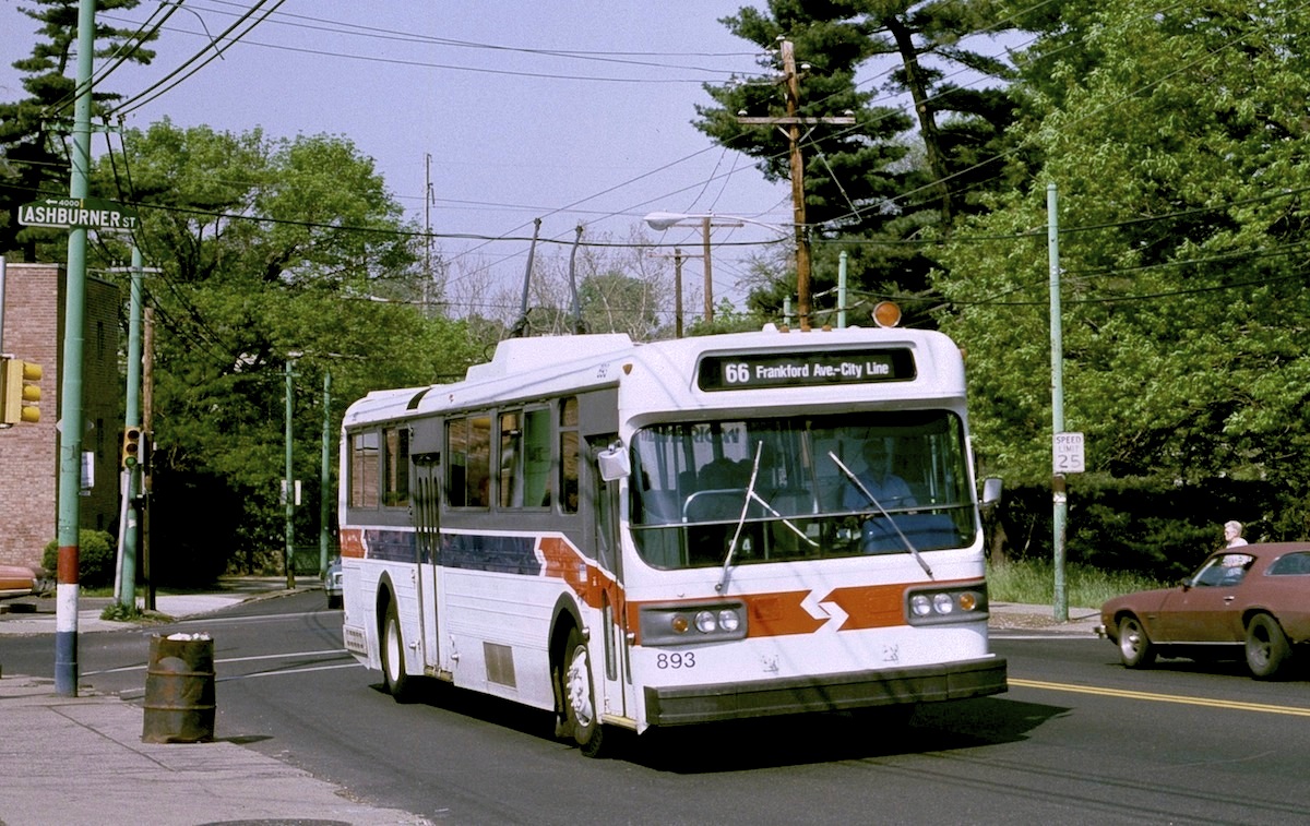 A SEPTA trolleybus in Philadelphia in the late 1980s.
